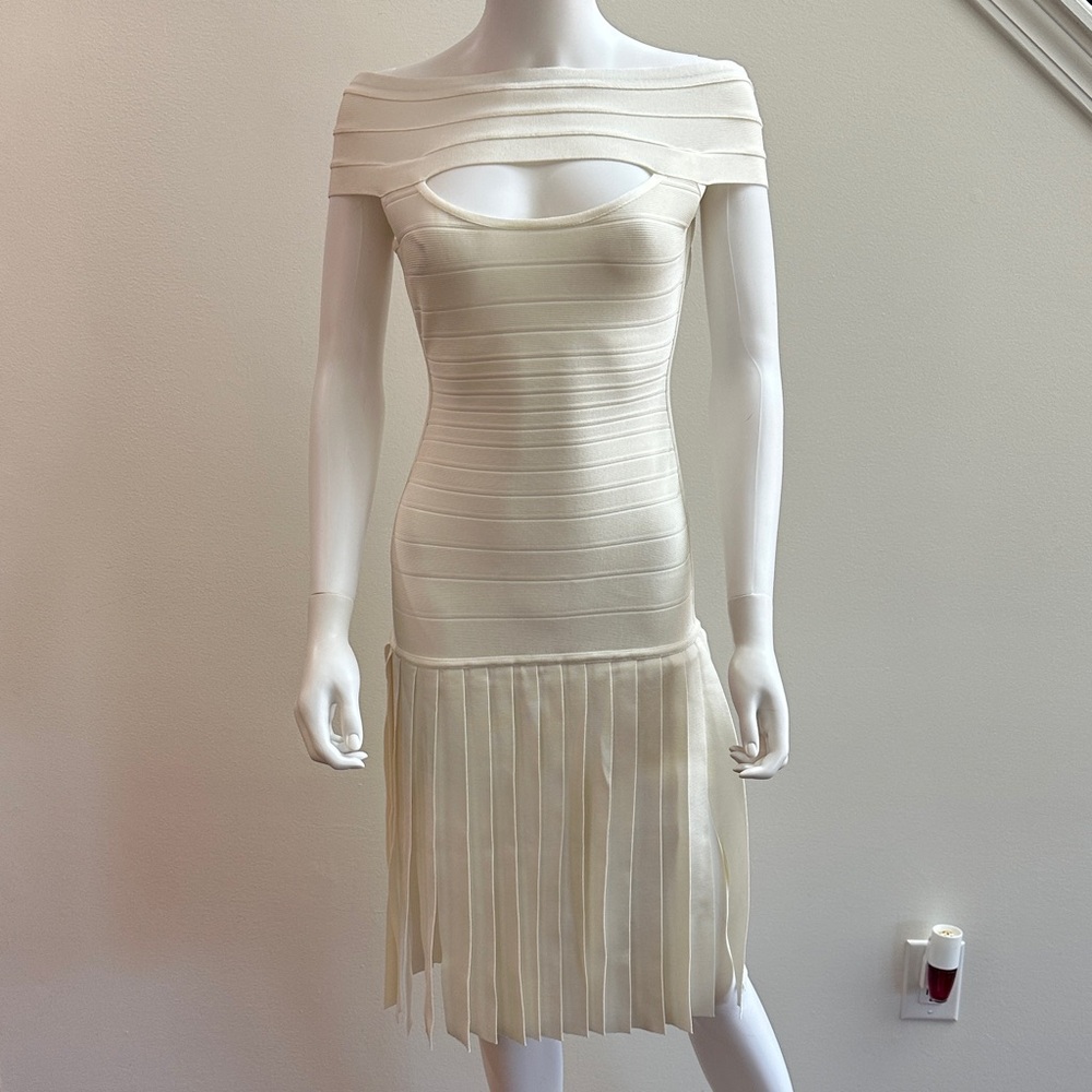 Herve Leger Cream Off-Shoulder Fringe Midi Dress
